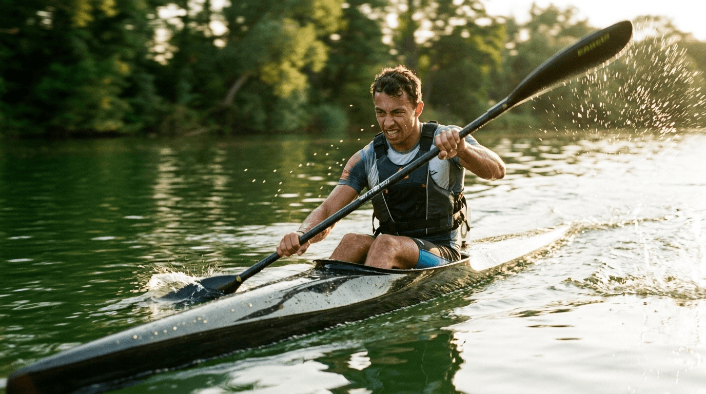 Bram Sikkens peddelt een sprintkayak bij gouden uur
