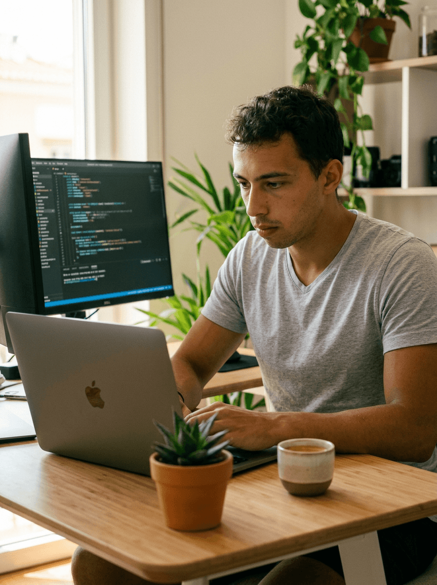 Bram Sikkens aan het werk achter laptop en code-monitor