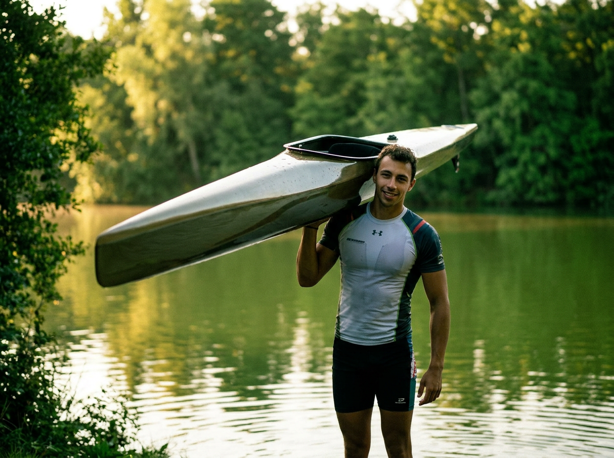 Bram Sikkens draagt een sprintkayak naar het water