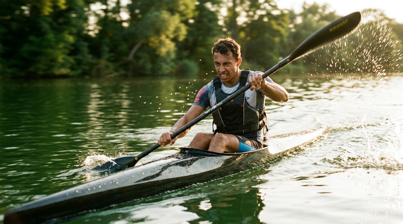 Bram Sikkens peddelt een sprintkayak bij gouden uur